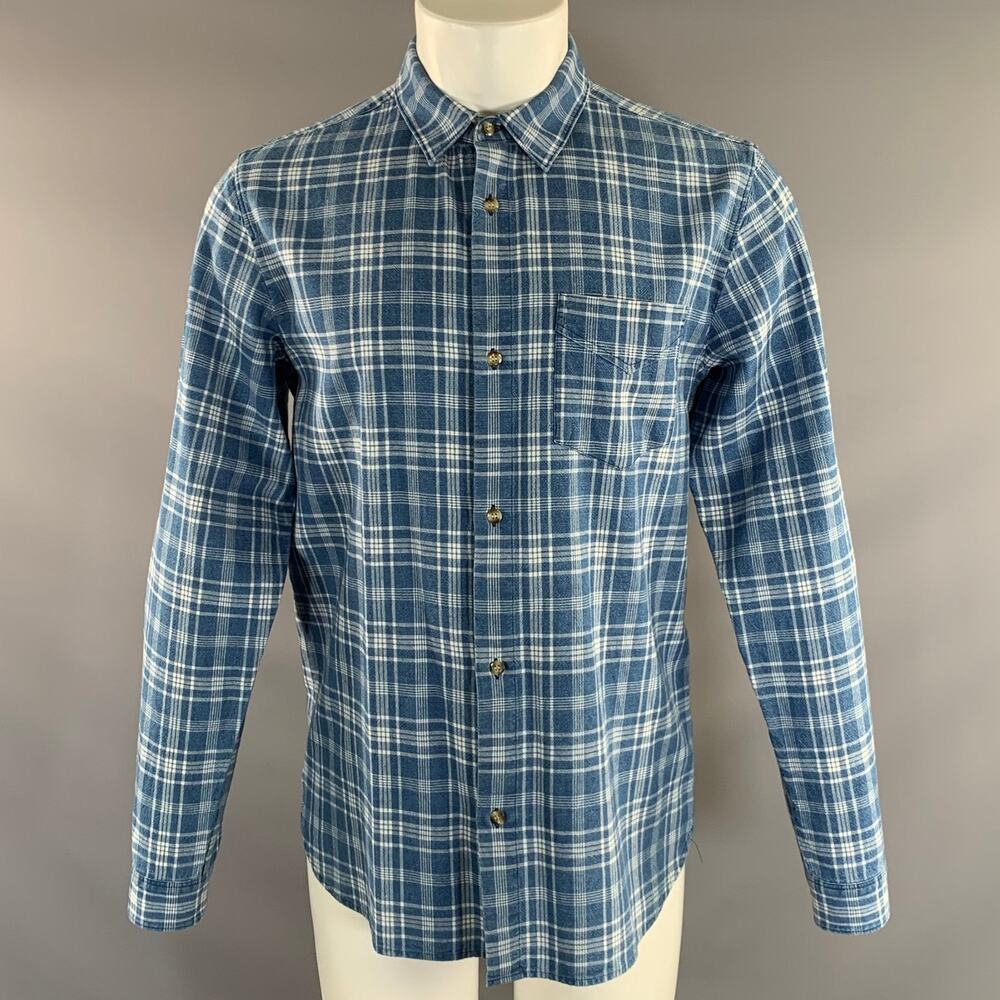 APC Size M Blue White Plaid Cotton Linen Button Up Long Sleeve Shirt